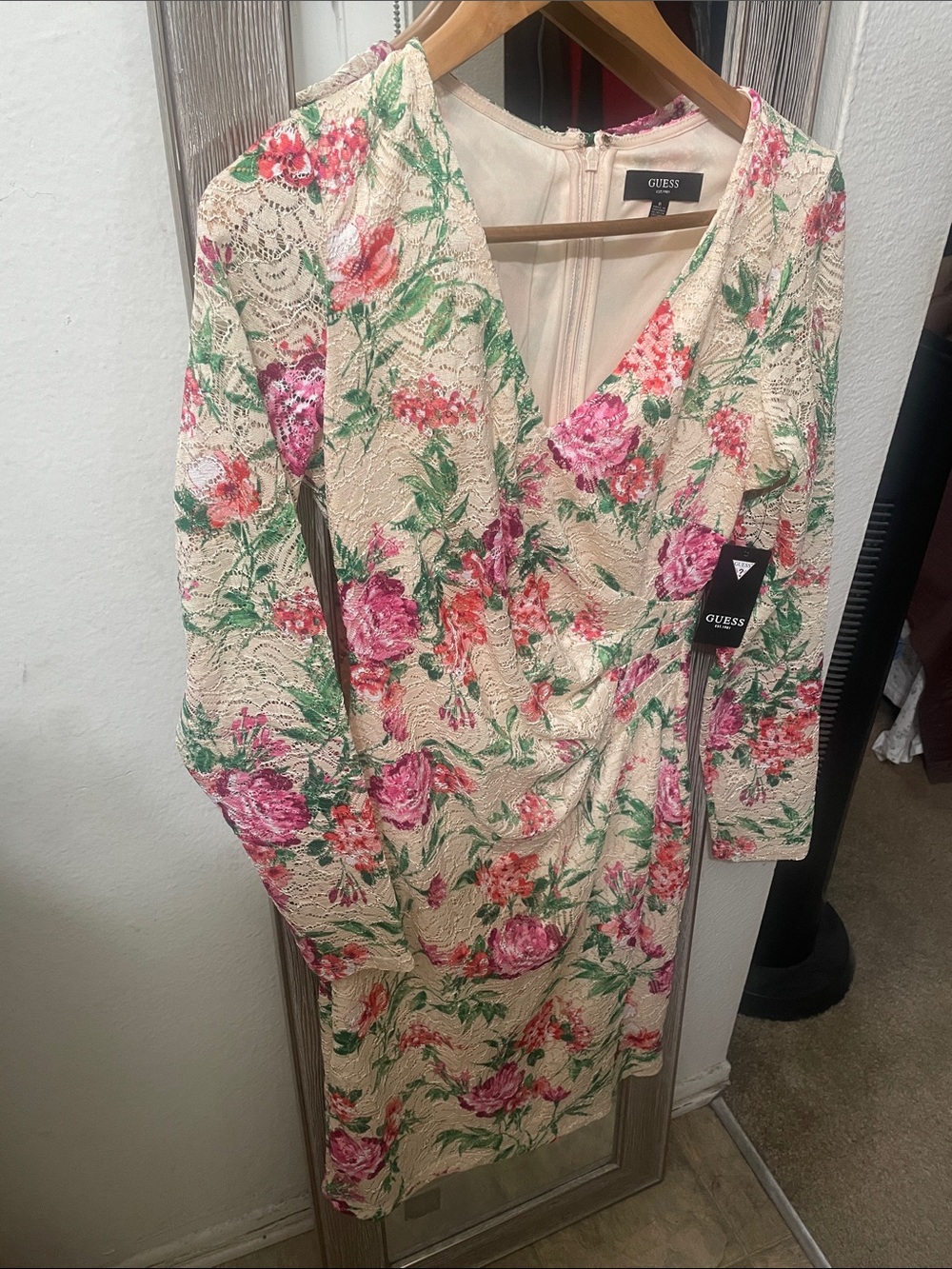 Guess Cream Floral Lace Wrap Dress with Pink & Green Print